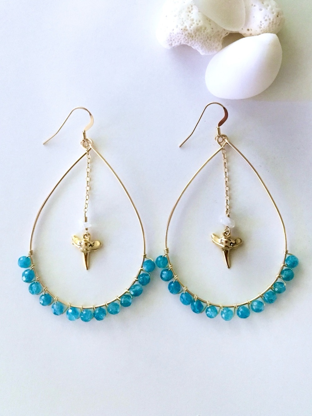 NEW/ 18K Gold Vermeil Shark Tooth Island Hoop Earrings, 14K Gold Filled Hoop